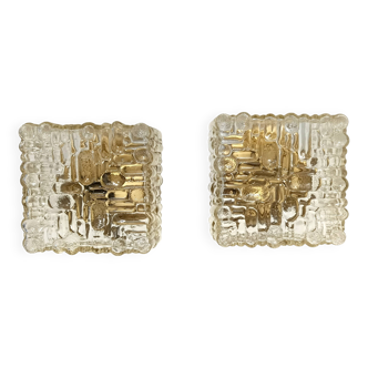 Pair of Square Molded Clear Glass and Gold Varnished Iron Wall Lights