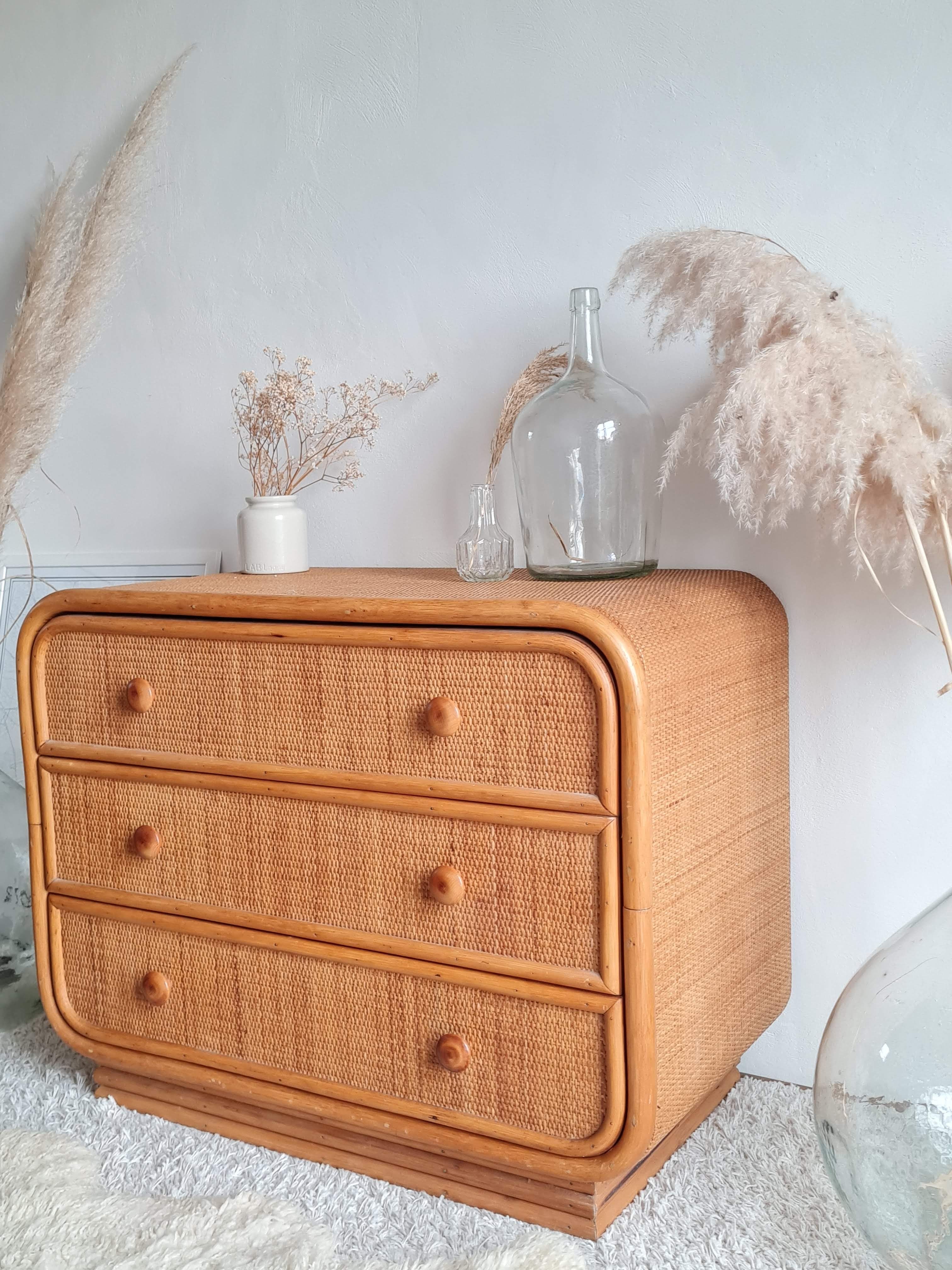 Commode en rotin vintage années 60