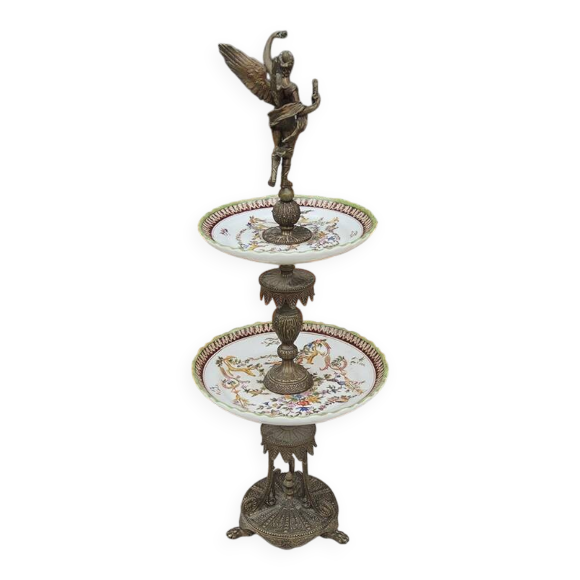 Antique Art Nouveau display stand in bronze and porcelain