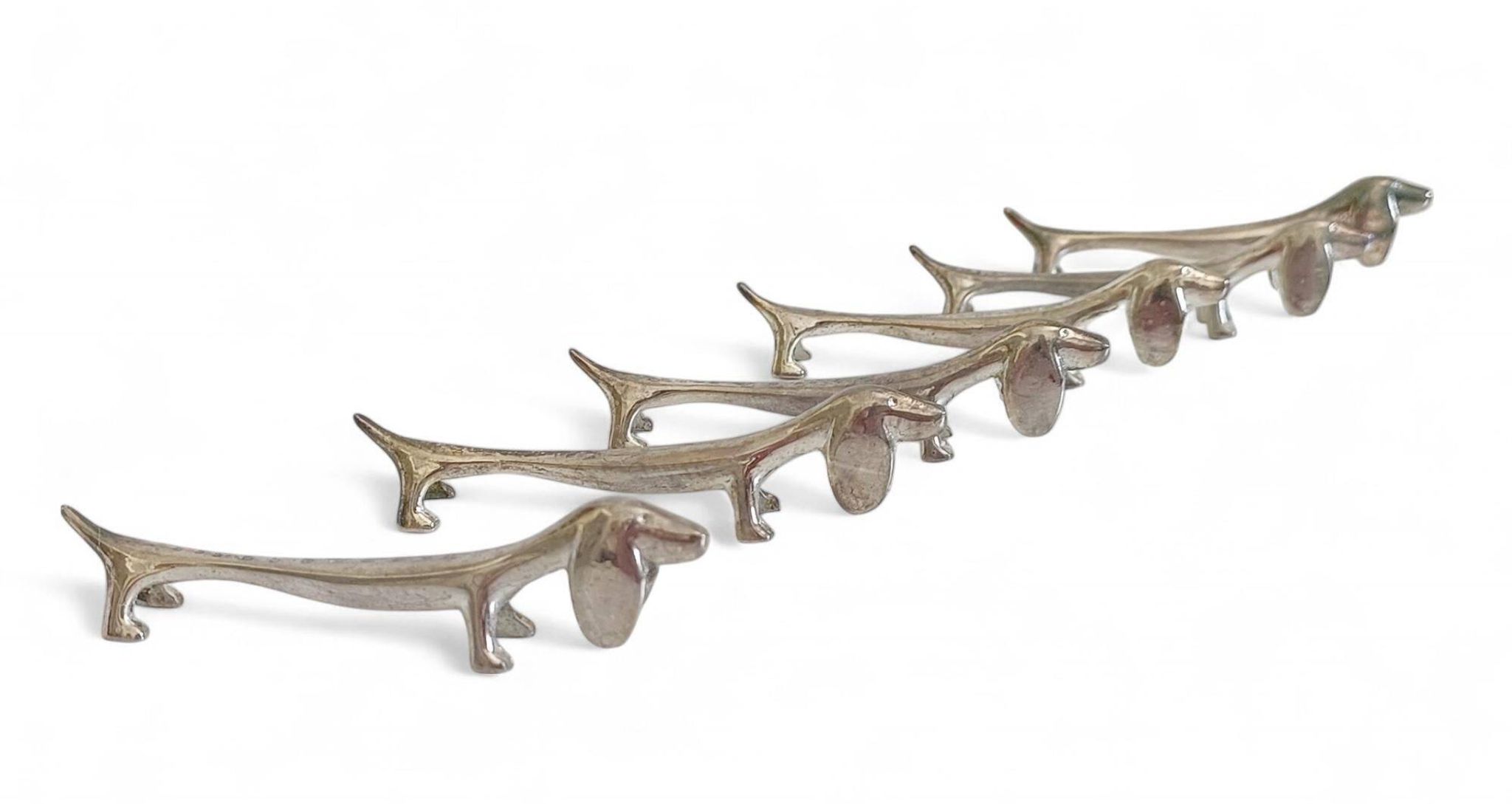 Vintage Knife Rests, Set of Six Silver Plated Dachshund Dogs, Italy, 20th-C