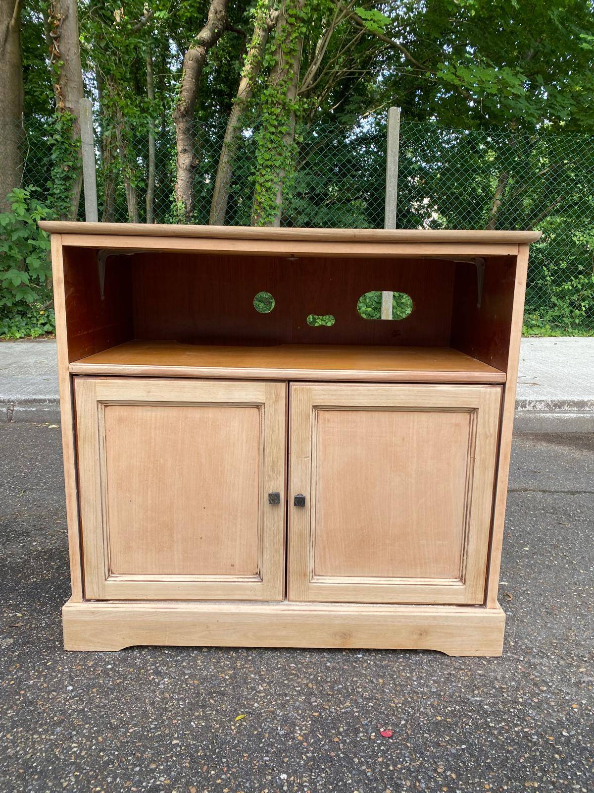 Louis Philippe two-door buffet, renovated TV unit in raw wood.