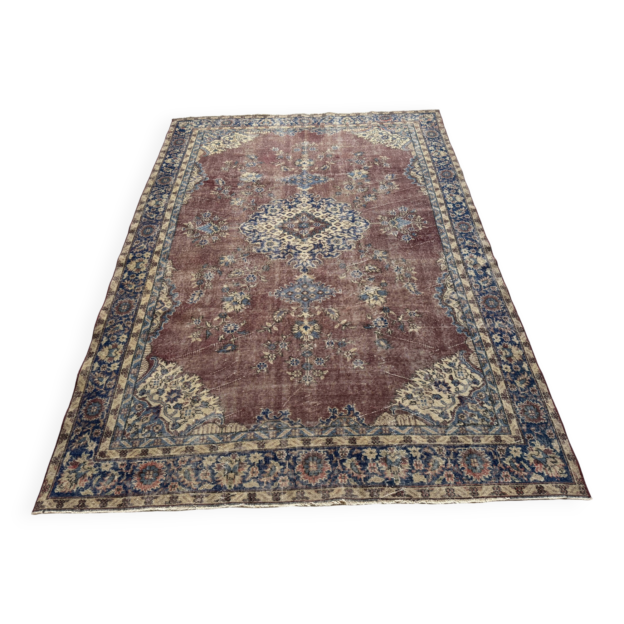 Tapis oriental vintage 205x300 cm, laine nouée à la main, tons rouge bleu beige, tapis turc