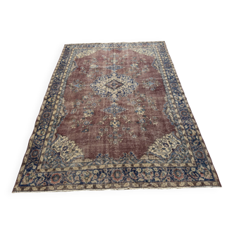 Tapis oriental vintage 205x300 cm, laine nouée à la main, tons rouge bleu beige, tapis turc