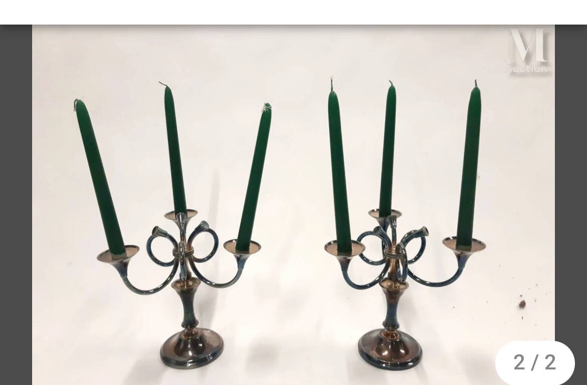 Ercuis House. Pair of three-light candelabra in silver-plated metal