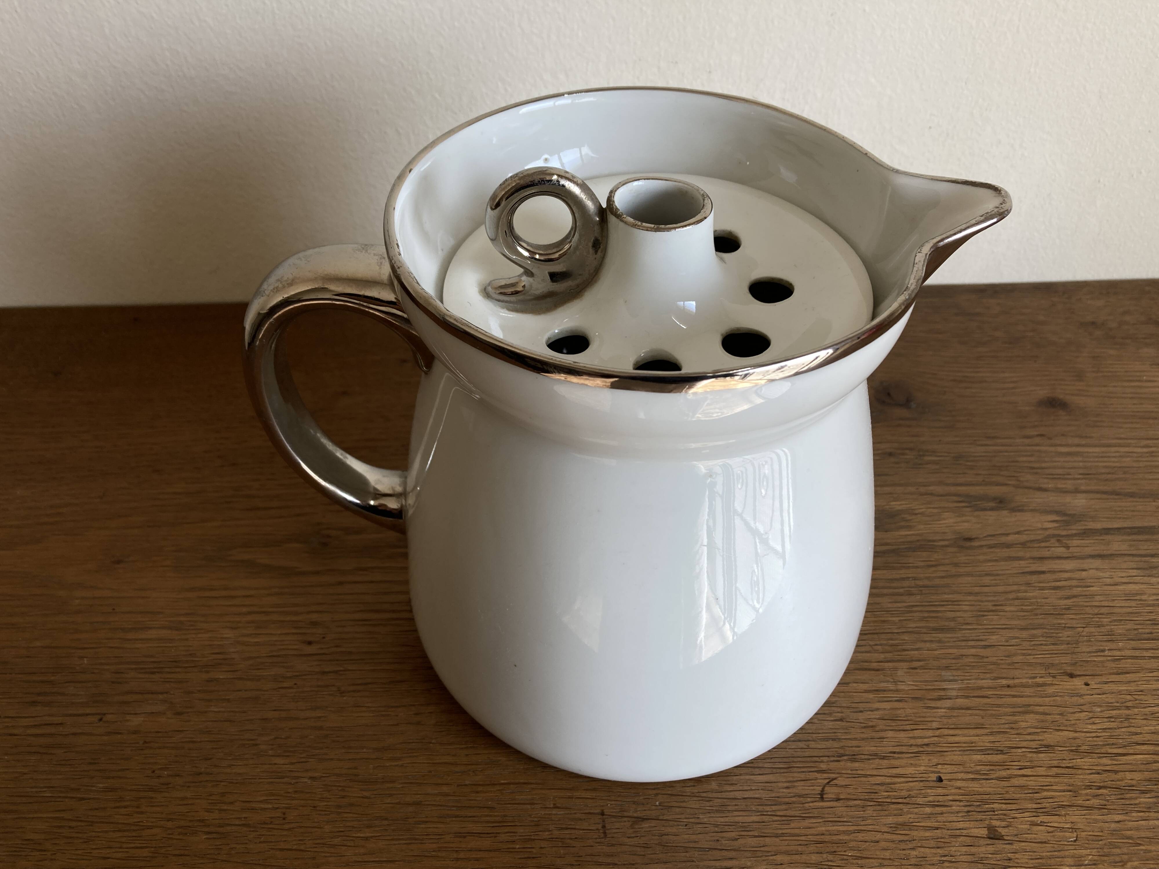 XXL modernist flowerpot pitcher vase in platinum and white porcelain