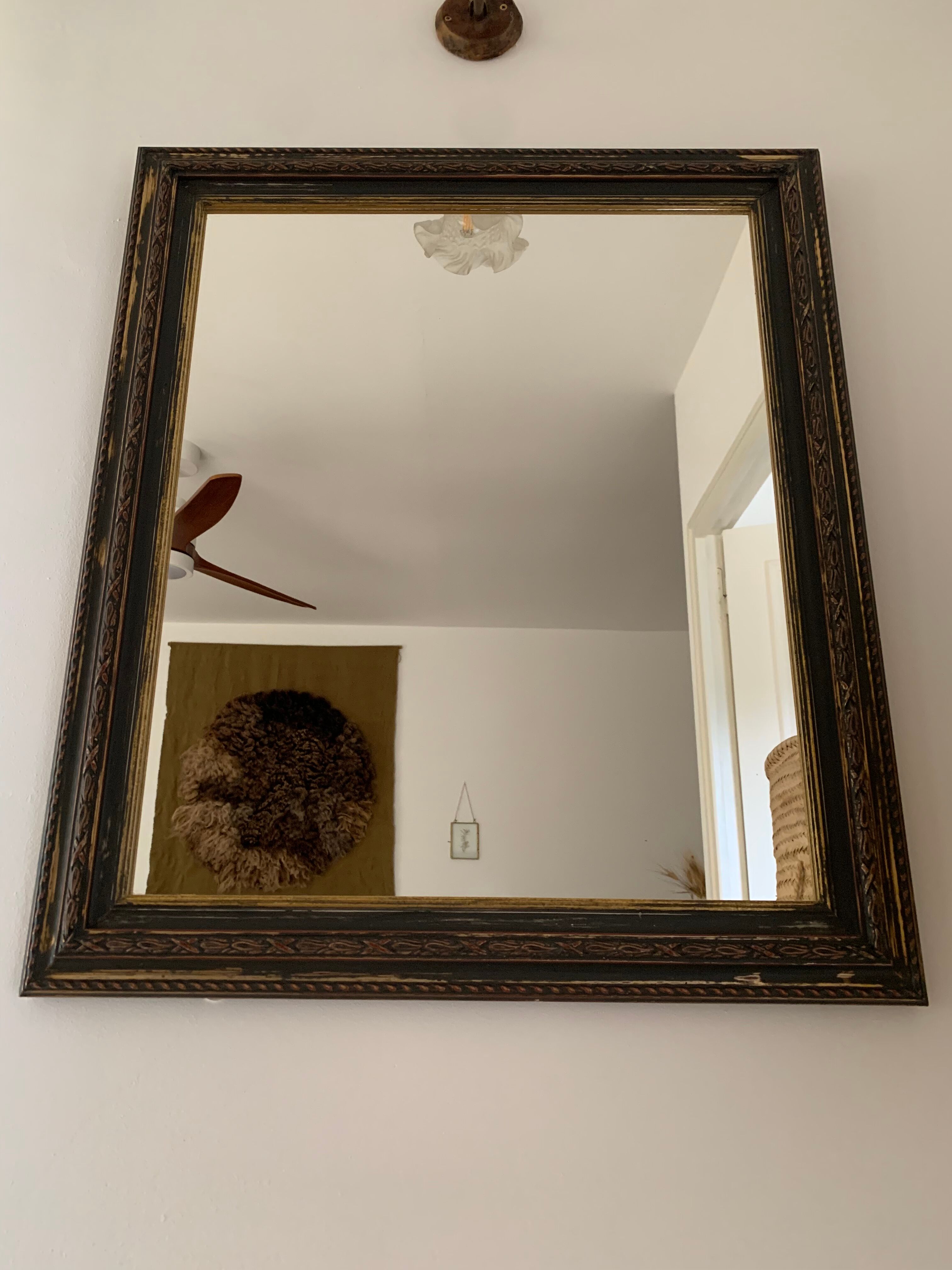 Miroir rectangle ancien lours bois sculpté peint patiné