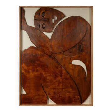 Relief panel "Step out of the frame!" in patinated wood. Contemporary.