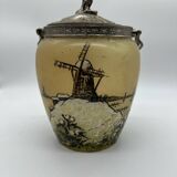 Old enameled glass cookie jar with mill decor