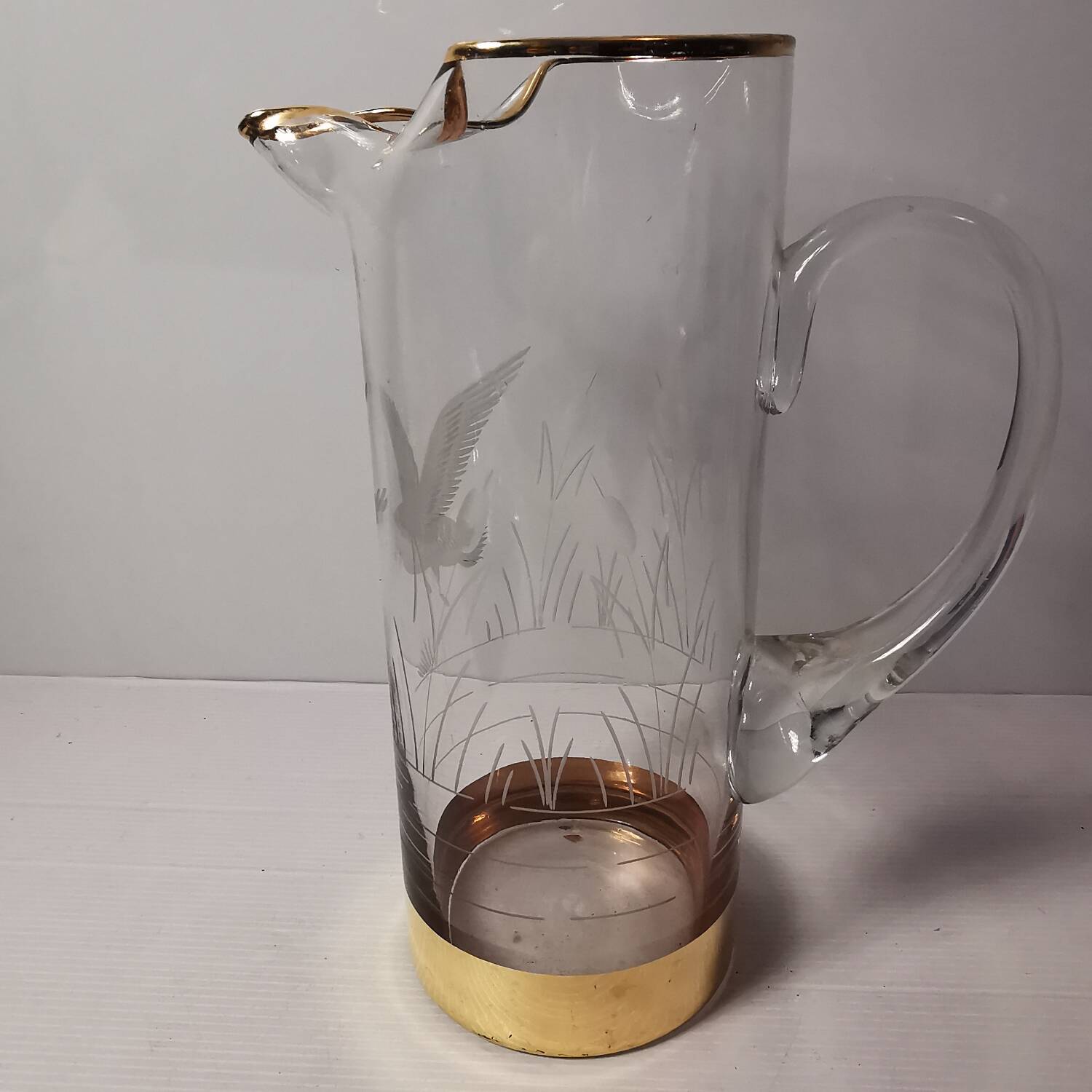 Vintage Engraved Glass & Crystal Pitcher with Duck and Reeds, Gilding