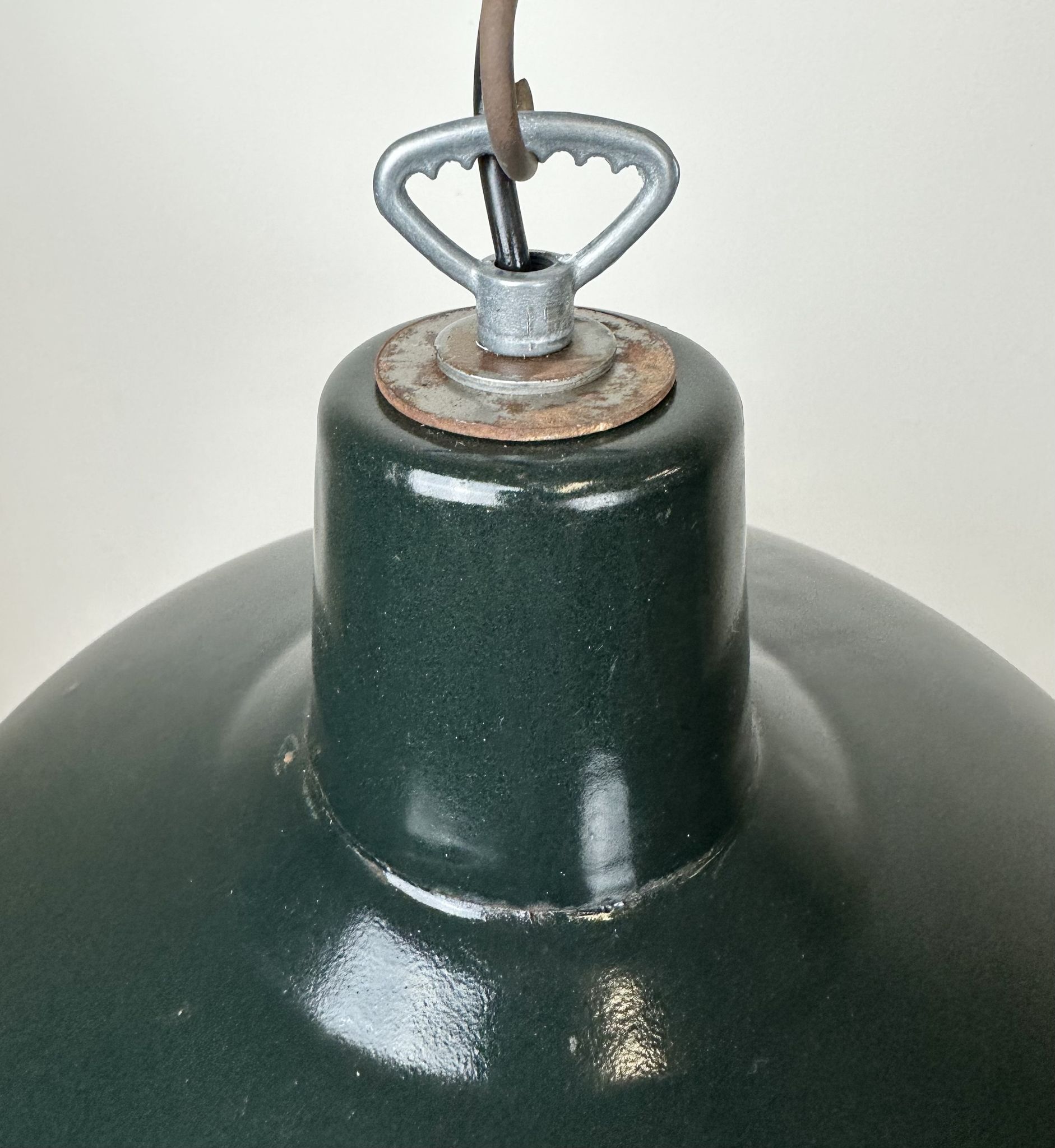 Industrial French Dark Green Enamel Factory Lamp, 1960s