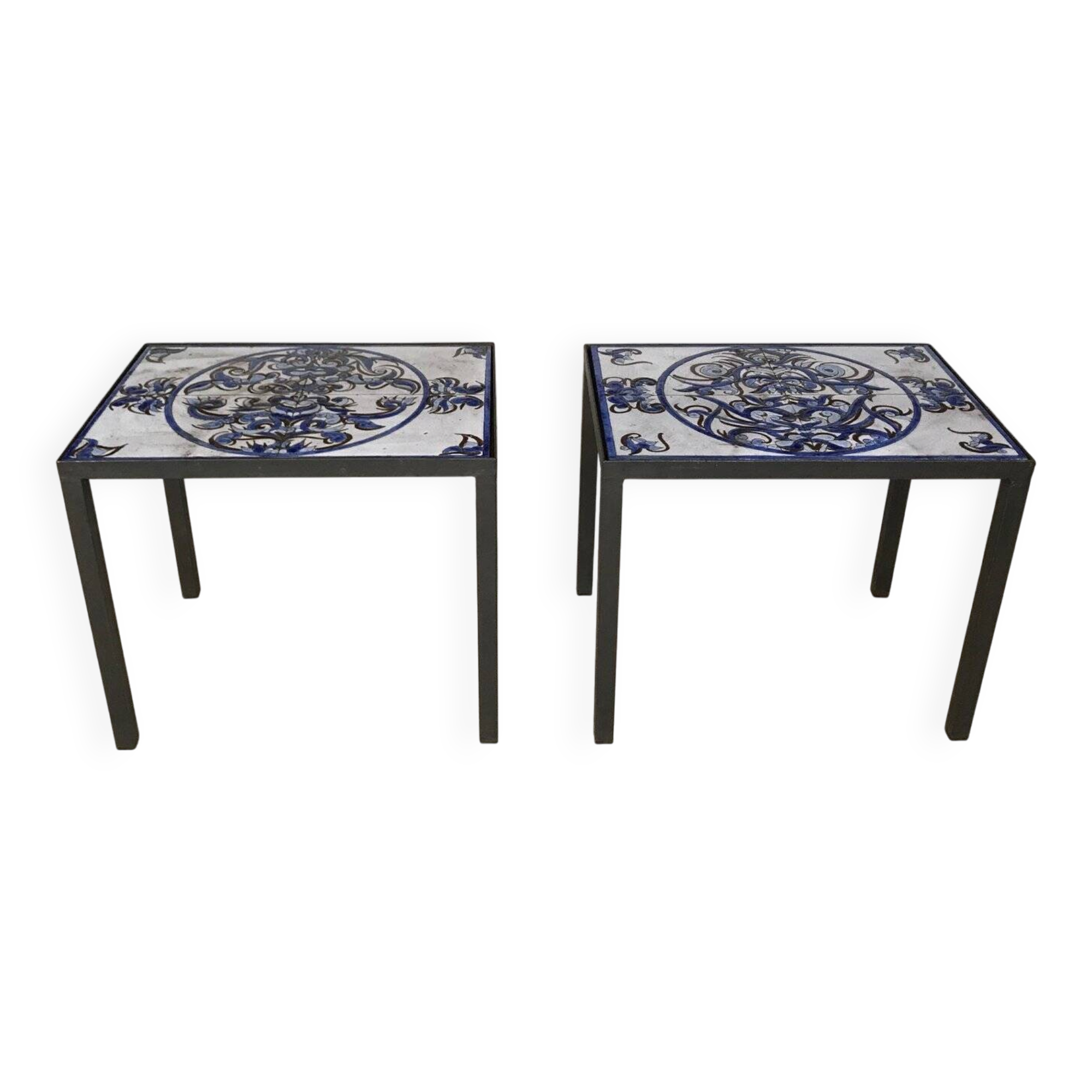 Italian ceramic tiles & steel side tables or nightstands, 1970s, set of 2