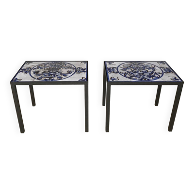 2 tables d'appoint en acier et carreaux en céramique italiens, années 1970