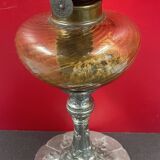 Old kerosene lamp Art Nouveau patinated spelter foot 47 cm height of the glass