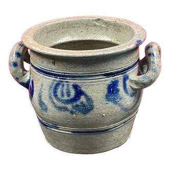 Old lard pot in Alsace sandstone - double blue handles H 12 cm