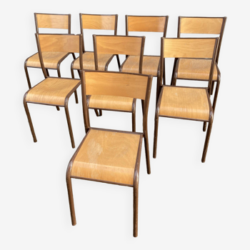 Lot de 8 chaises industrielles école  vintage collectivités mullca delagrave restaurant tube & bois