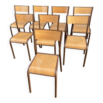 Set of 8 industrial chairs vintage school mullca communities delagrave restaurant tube & wood