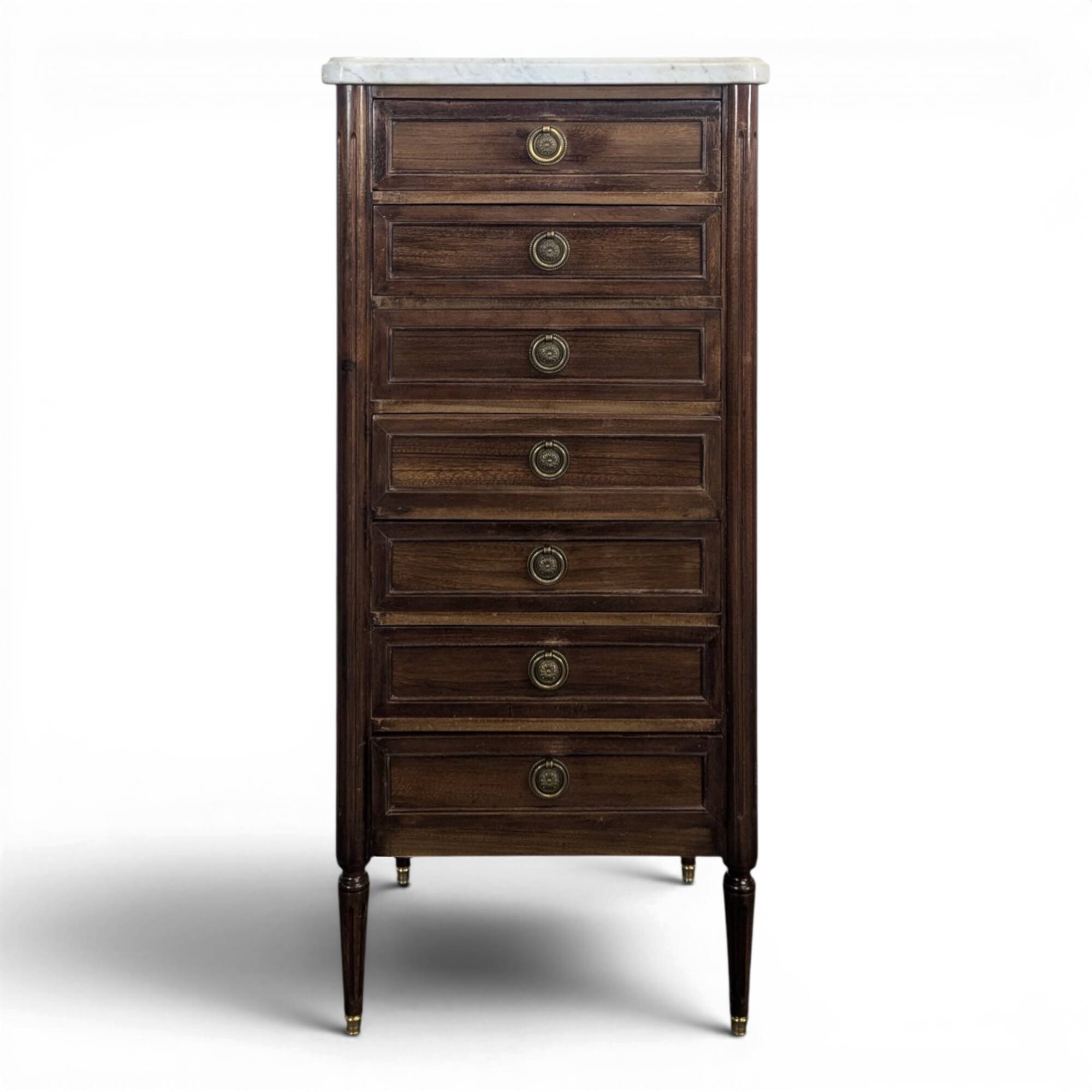 Louis XVI style chest of drawers in mahogany and Carrara marble