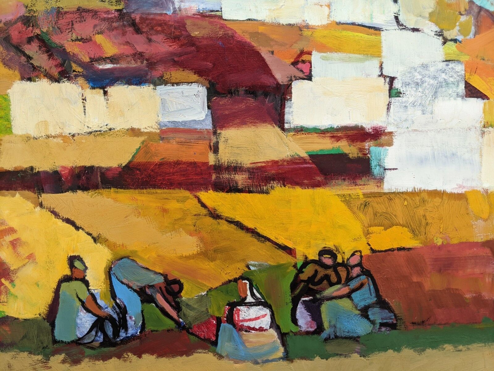 Mid-Century Modern Swedish "On the Fields" Vintage Swedish Figurative Oil Painting, Framed