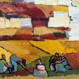 Mid-Century Modern Swedish "On the Fields" Vintage Swedish Figurative Oil Painting, Framed