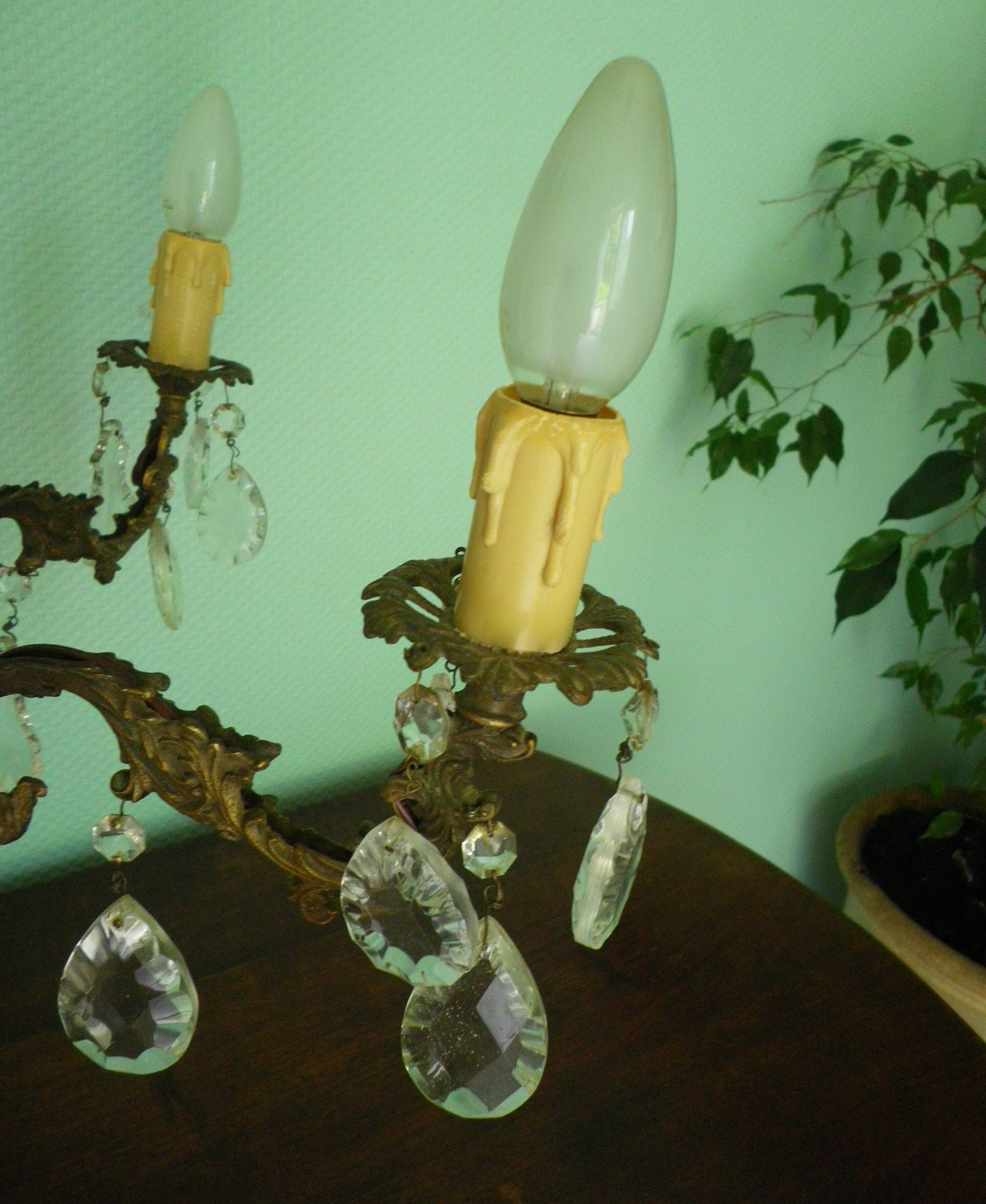 Rococo chandelier with crystal pendants, 4 lights, brass and metal 1950/1960