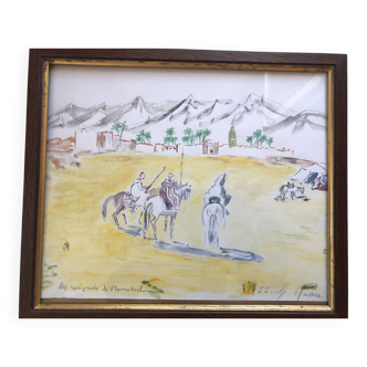 1977 orientalist watercolor the remparts of marrakech morocco signed g. massu or massa, naive draft