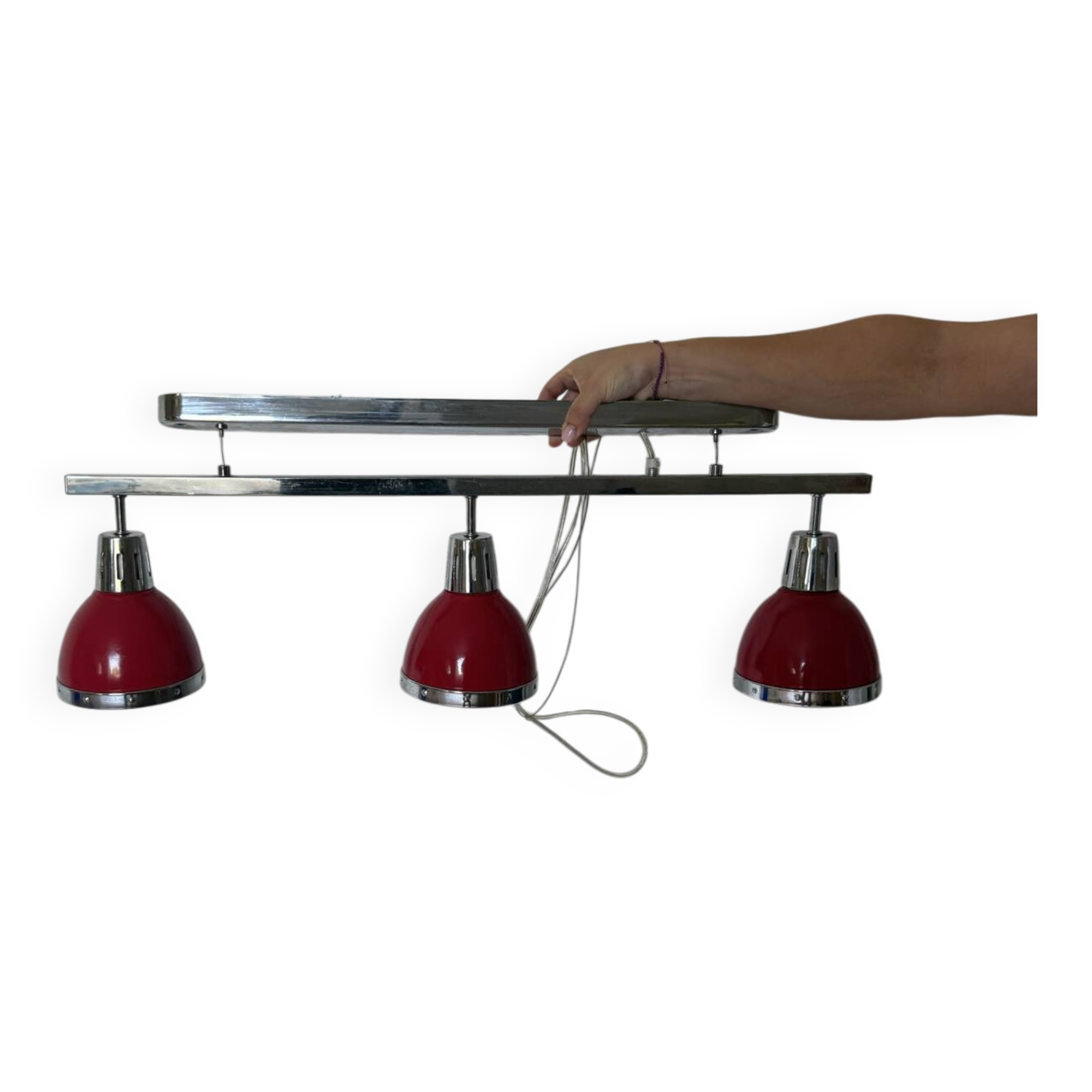 Designer pendant light with 3 red and chrome spots