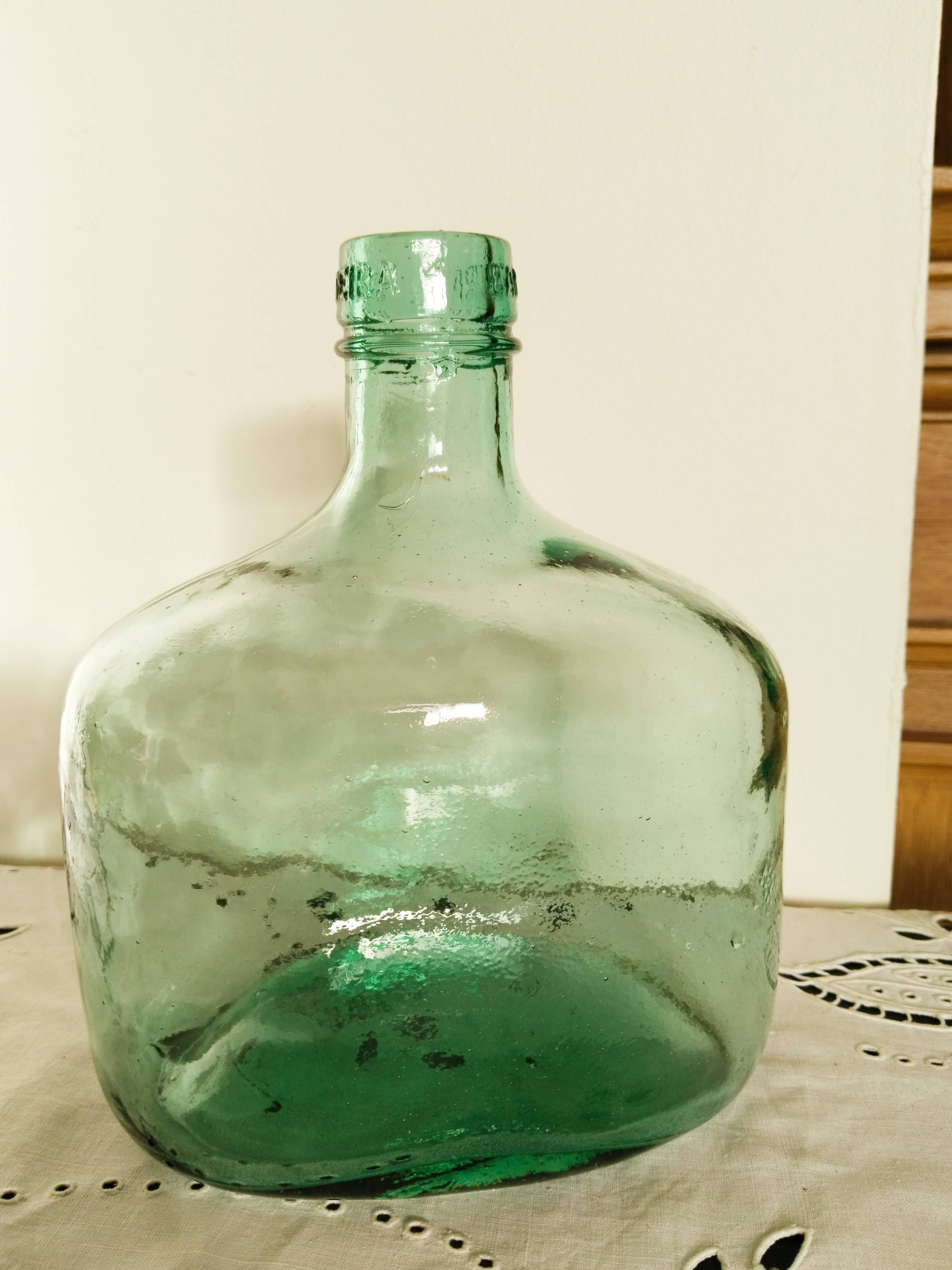 Blueish green Dame-Jeanne carboy, vintage French, Viresa Bandeira
