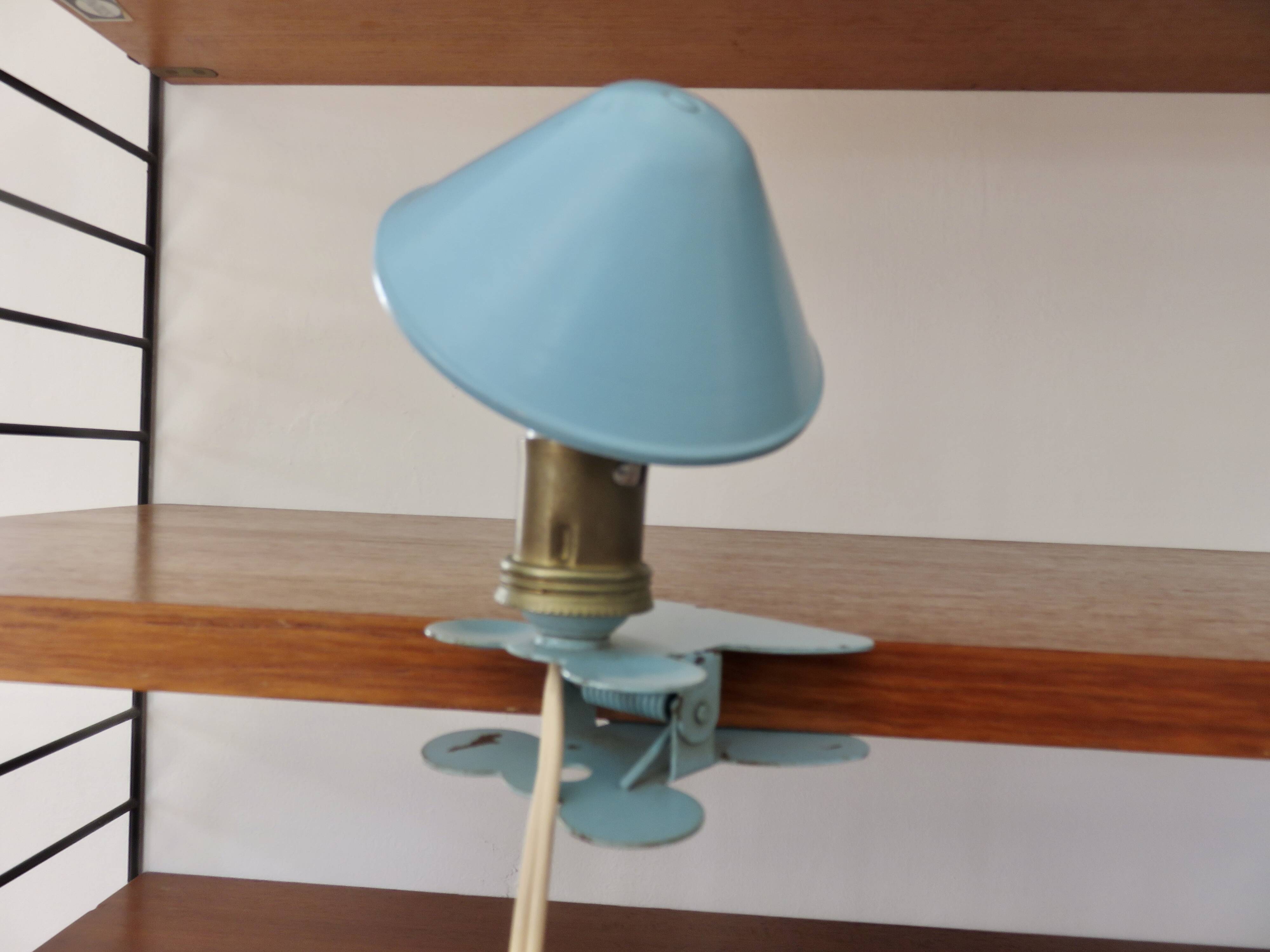 Blue aluminum mushroom clip lamp from the 50s and 60s