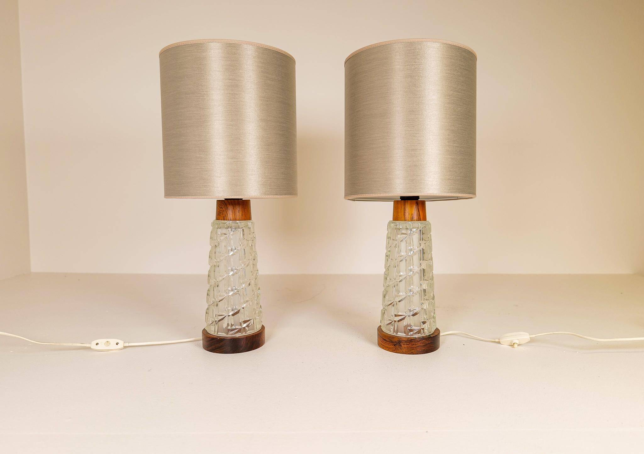 Midcentury table lamps Orrefors teak and glass Sweden