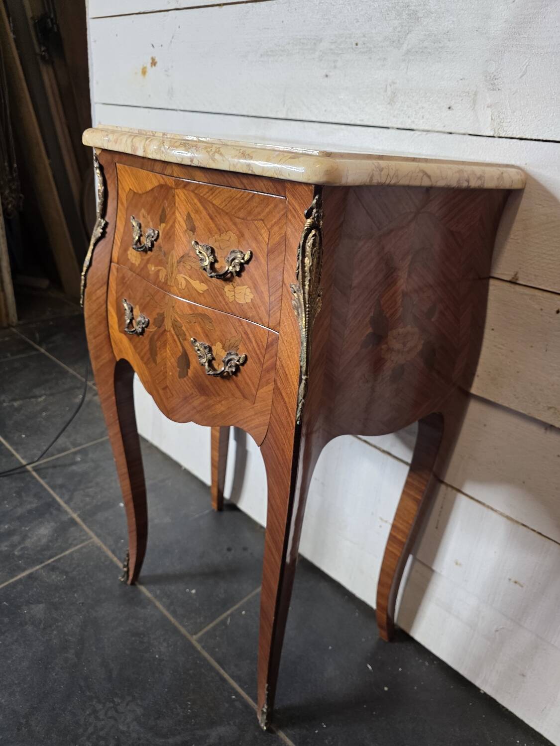 Louis XV style curved bedside table in marquetry