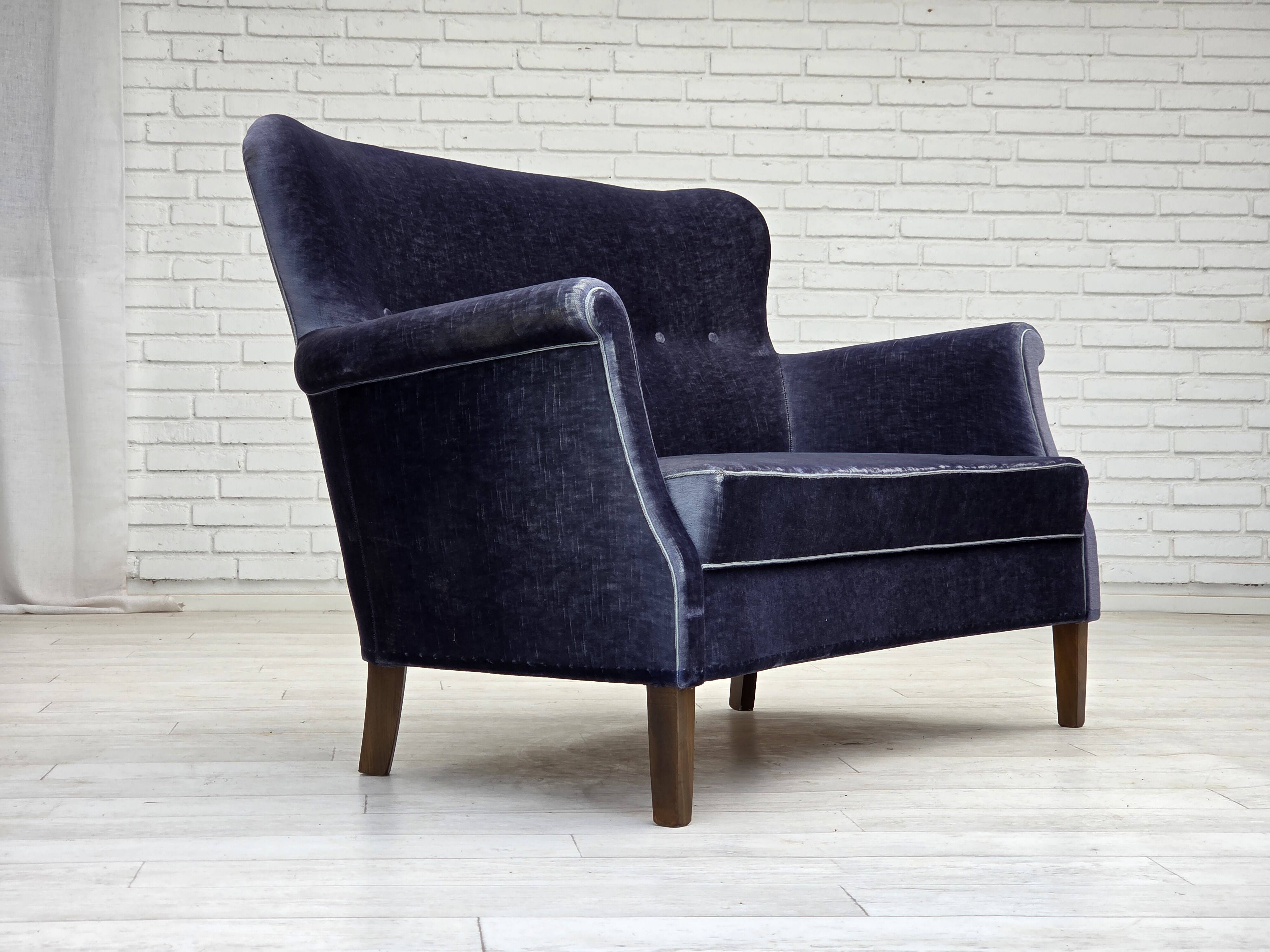 1960s, Danish 2-seater sofa, original blue furniture velour, beech wood.