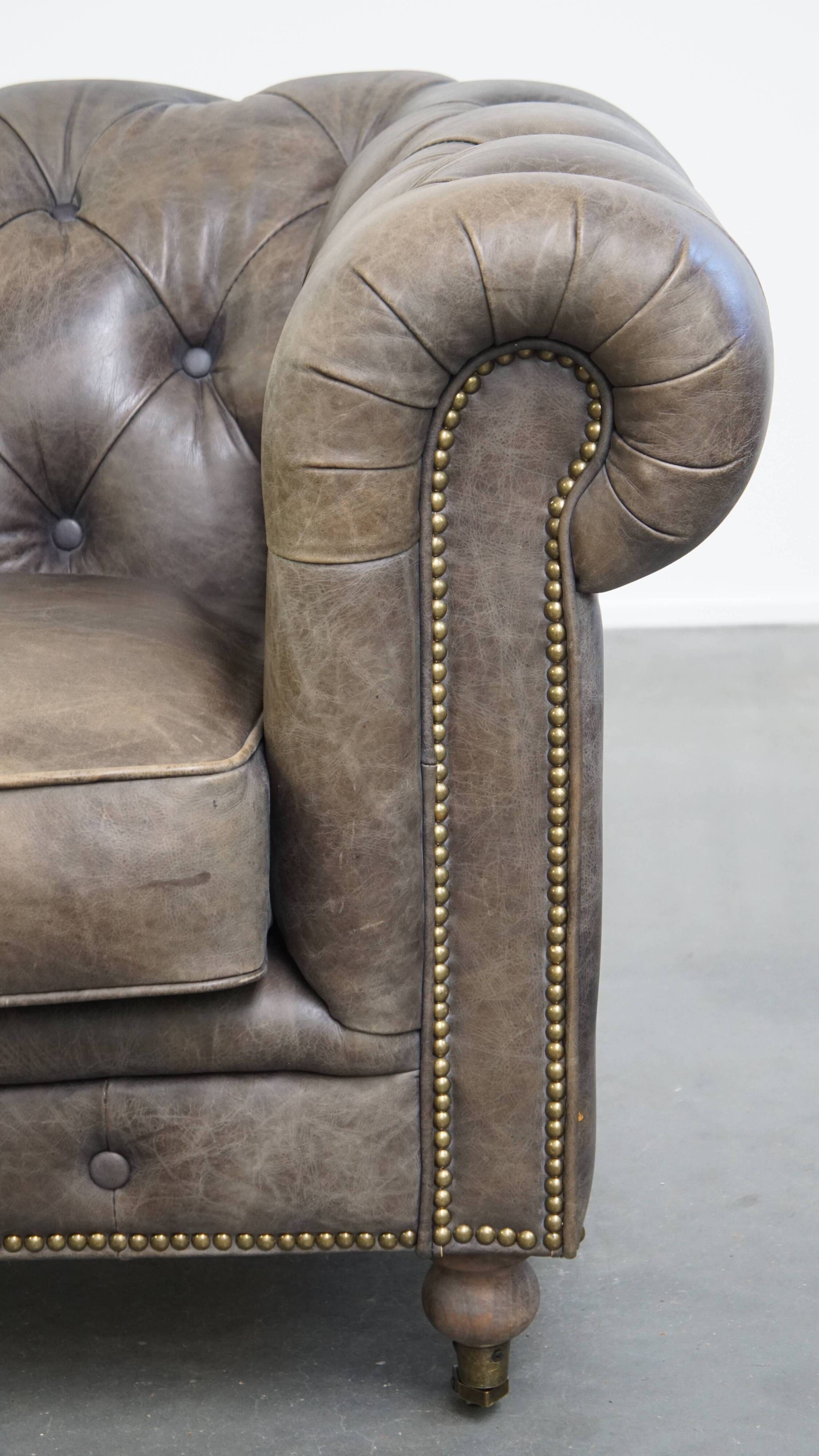 Grey Cowhide Leather Chesterfield Club Armchair in English Style on Casters