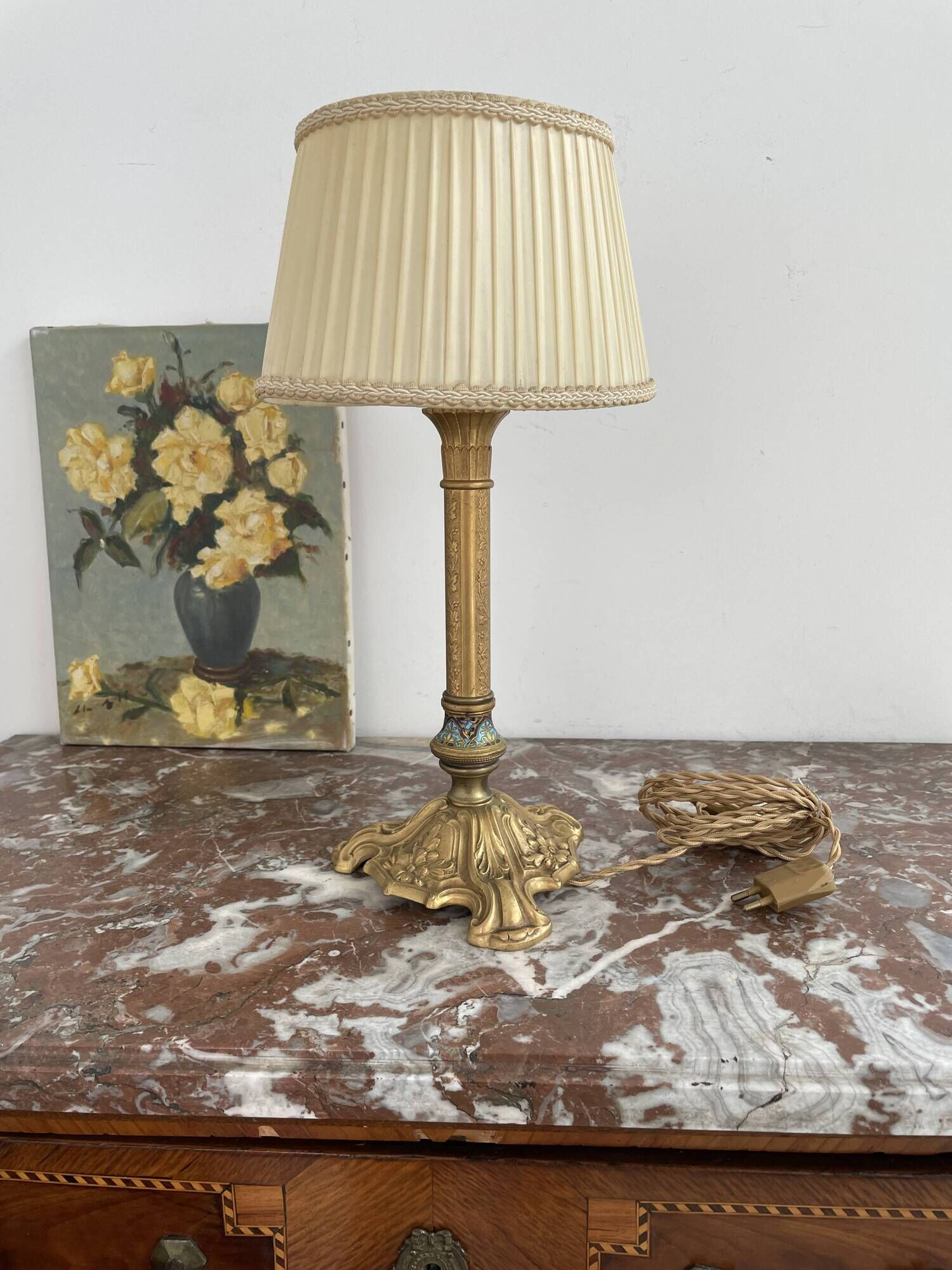 Antique, lamp, bronze, candle holder, gold, cloisonné enamel, ecru white lampshade, flower decor, leaf