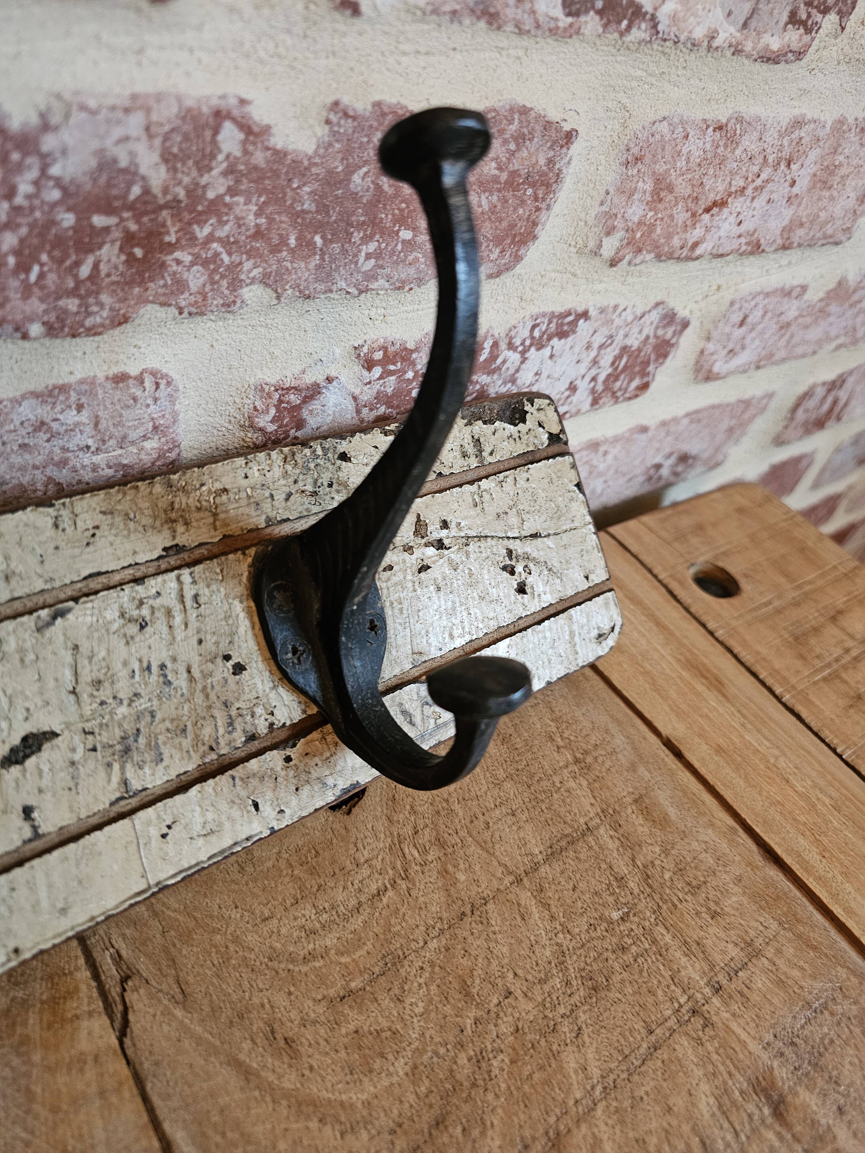 Solid teak coat hook with 4 double cast iron hooks