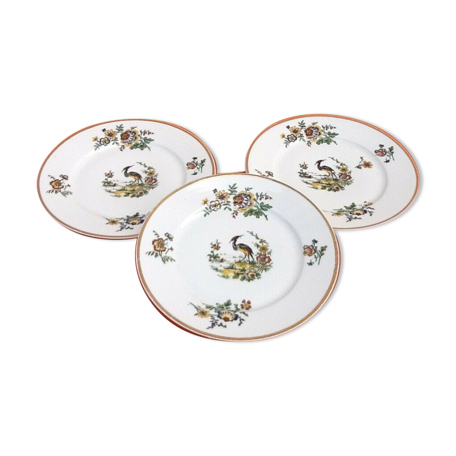 3 flat plates Porcelain of Limoges France "Crane ashy" ...