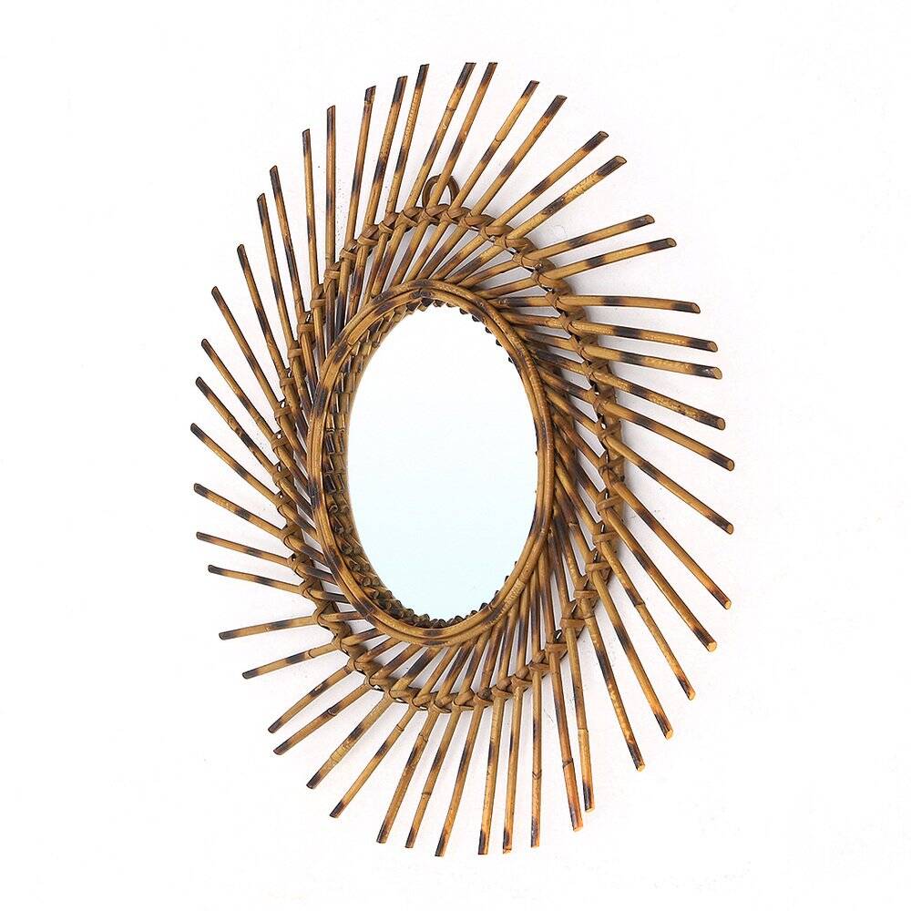 Round Sun Mirror in Rattan, 1960s