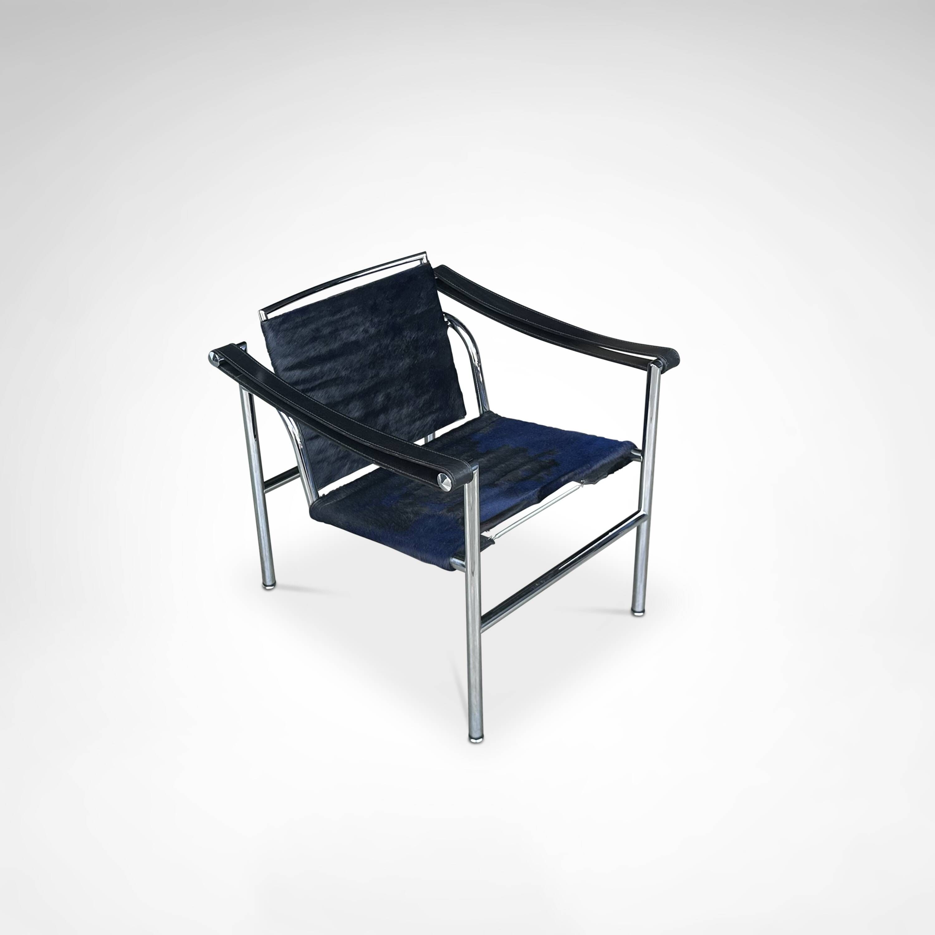 LC1 blue and black ponyskin armchair by Le Corbusier et al for Cassina 1990