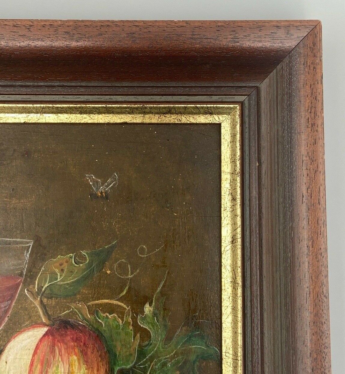 Oil panel monogram eg to identify still life fruits glass wine