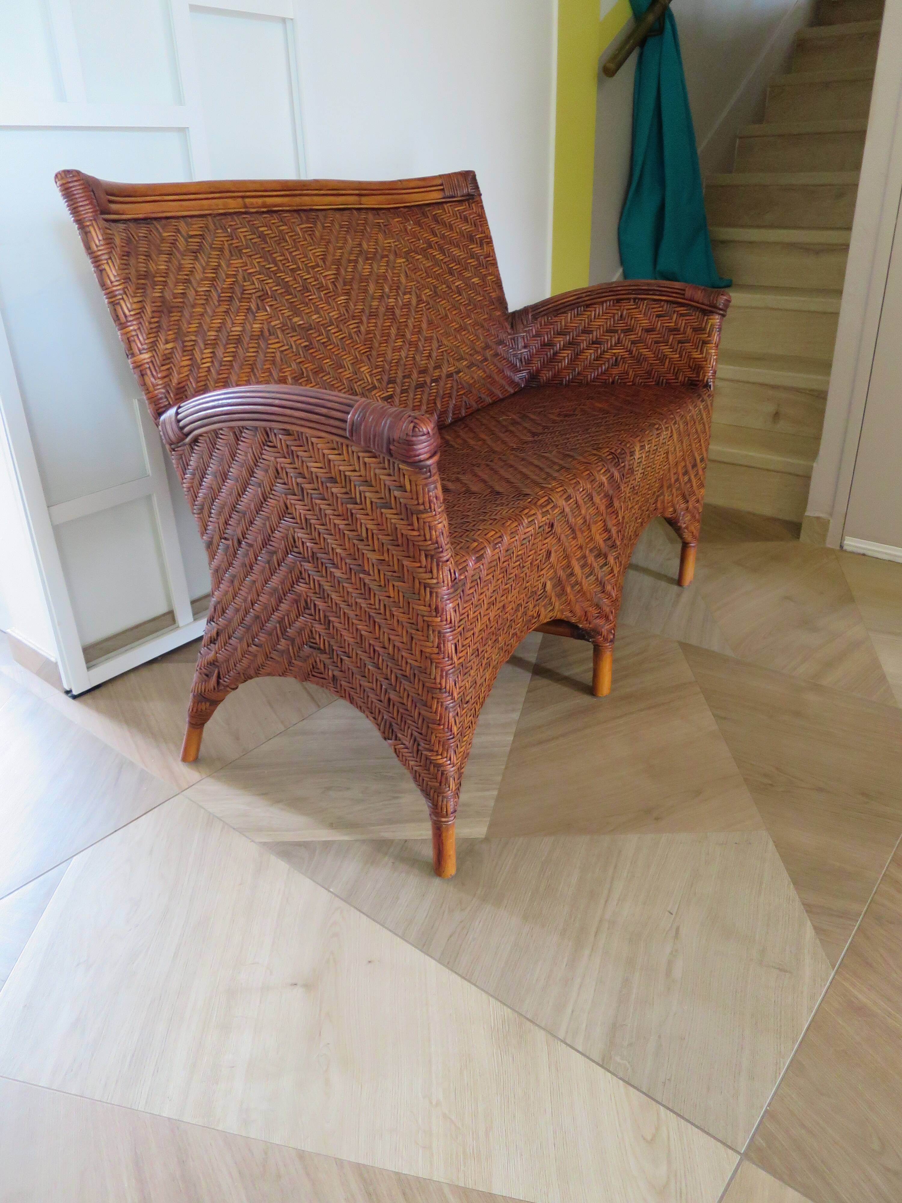 Two-seater banquette in woven rattan, wood and bamboo, 1980s.