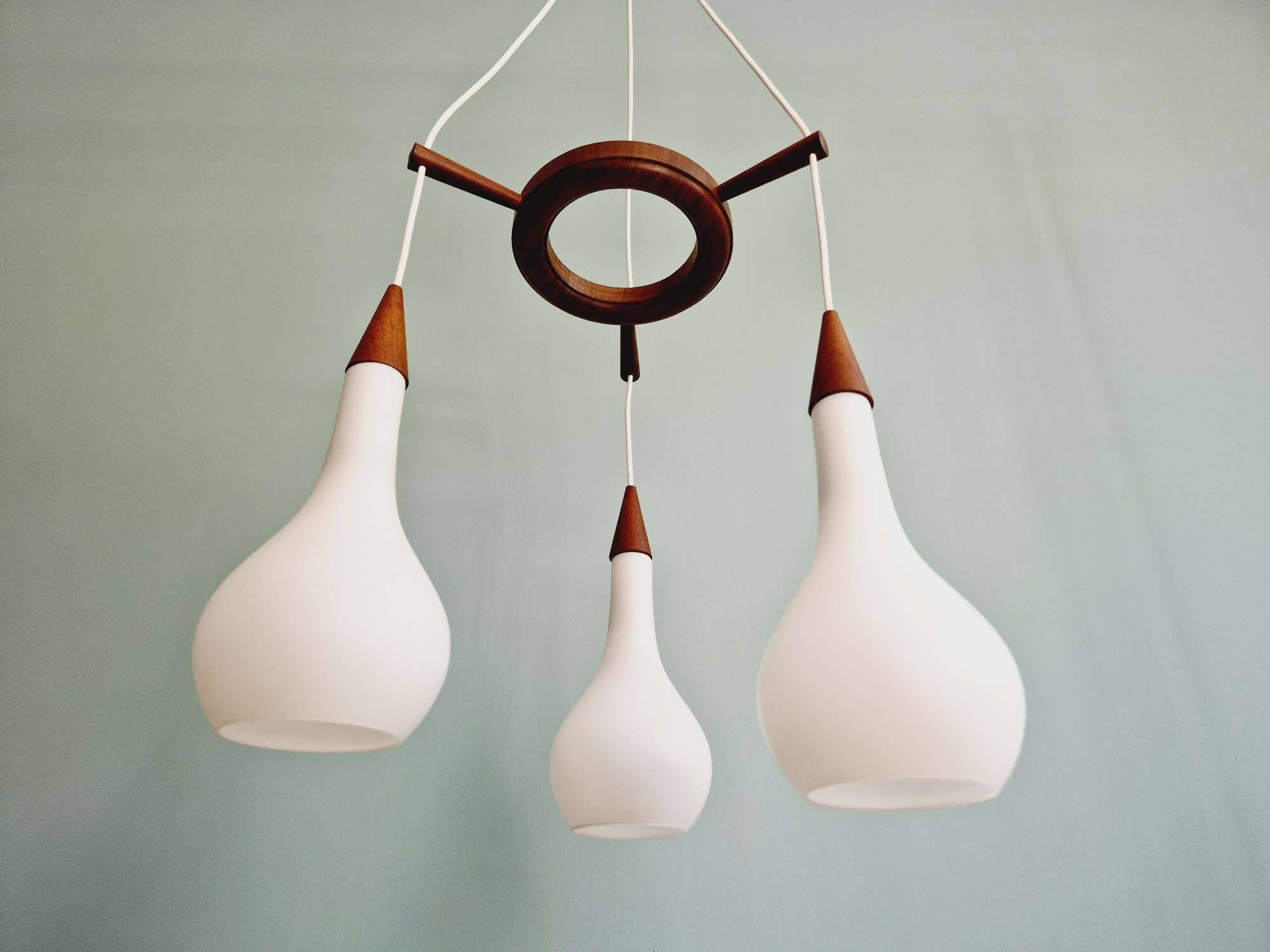 Scandinavian teak and frosted white glass chandelier, 1960.