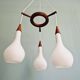 Scandinavian teak and frosted white glass chandelier, 1960.