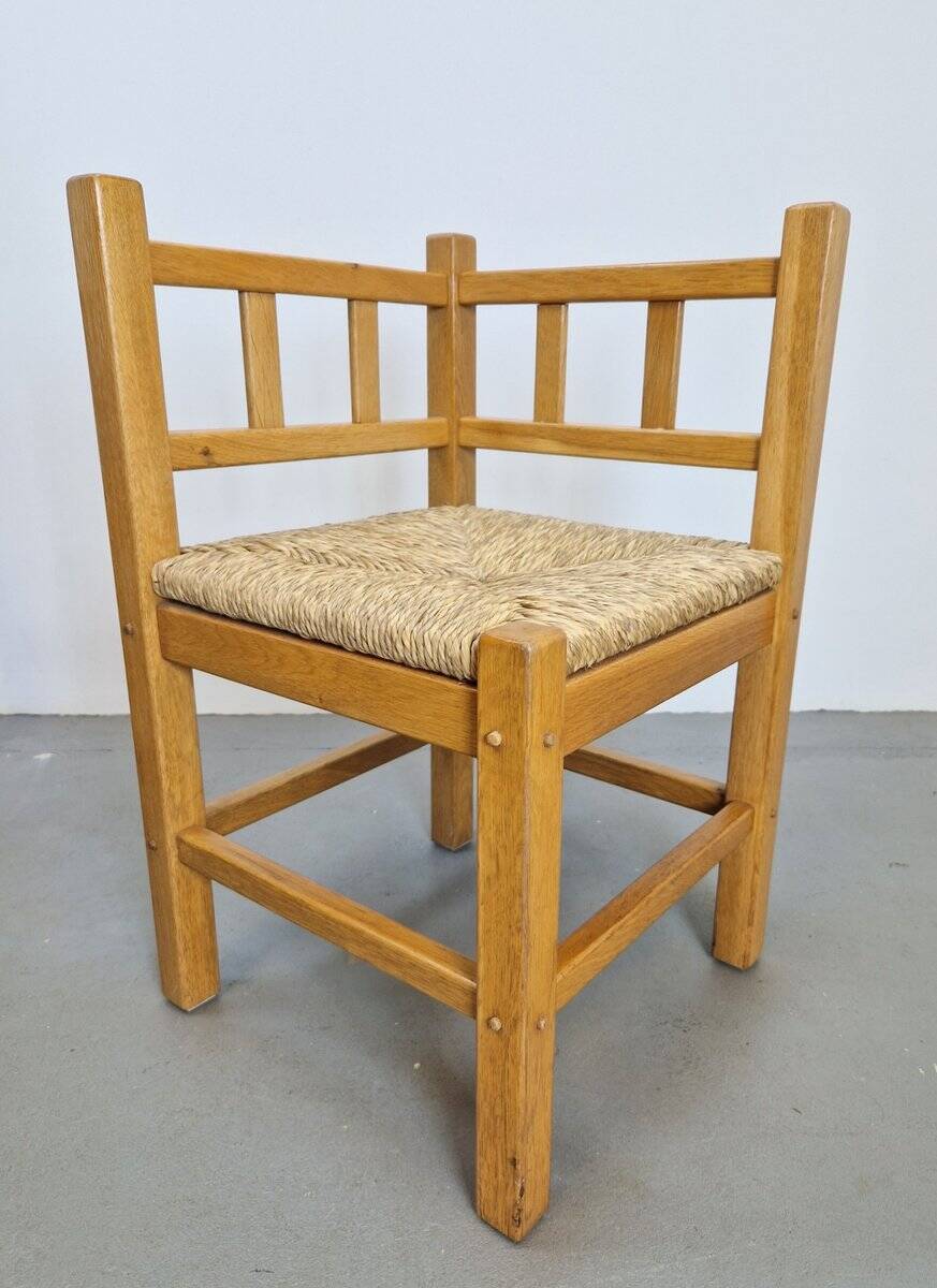 Dutch Modernist Art Deco Style Corner Chair in Oak and Rush, 1950s, Set of 2