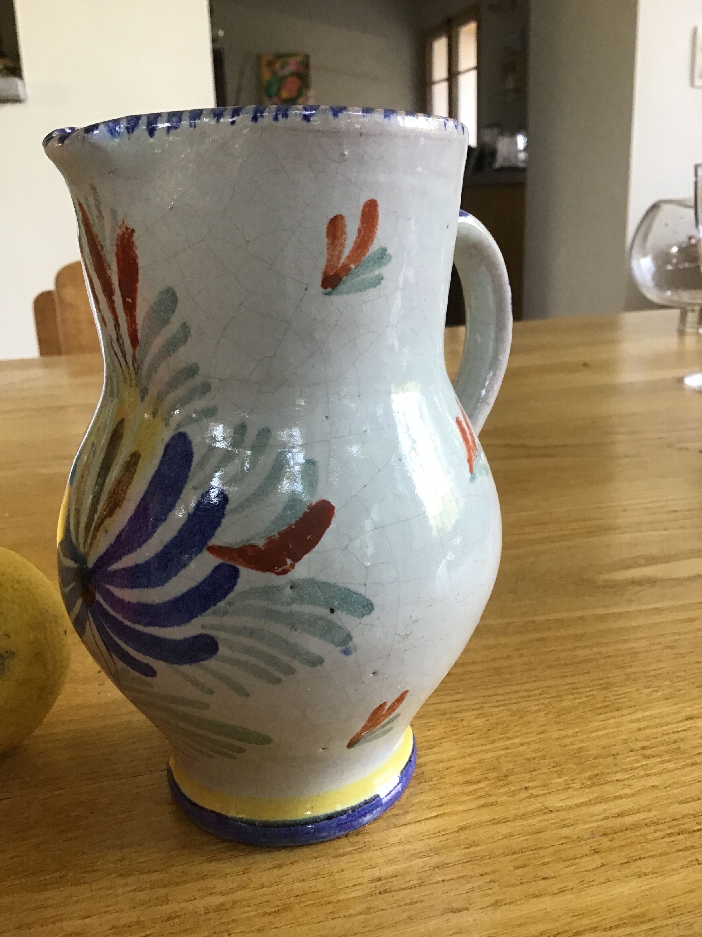 Earthenware pitcher with blue decor