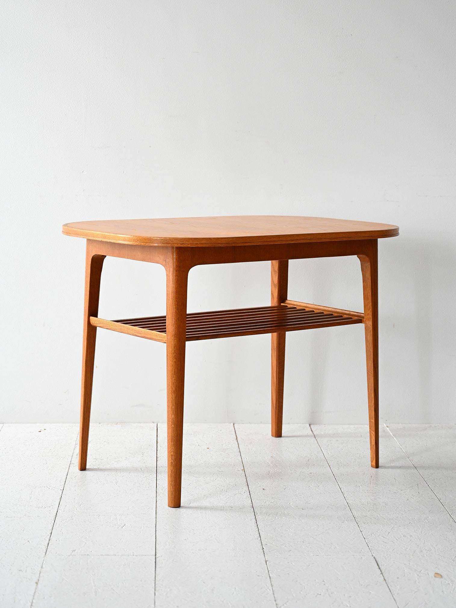 1960s Scandinavian oak coffee table with slatted shelf