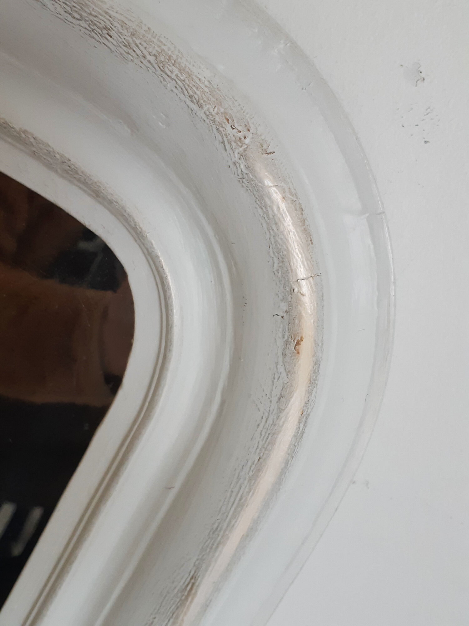 Old mirror, Louis Philippe style, white and gold patina, antique French