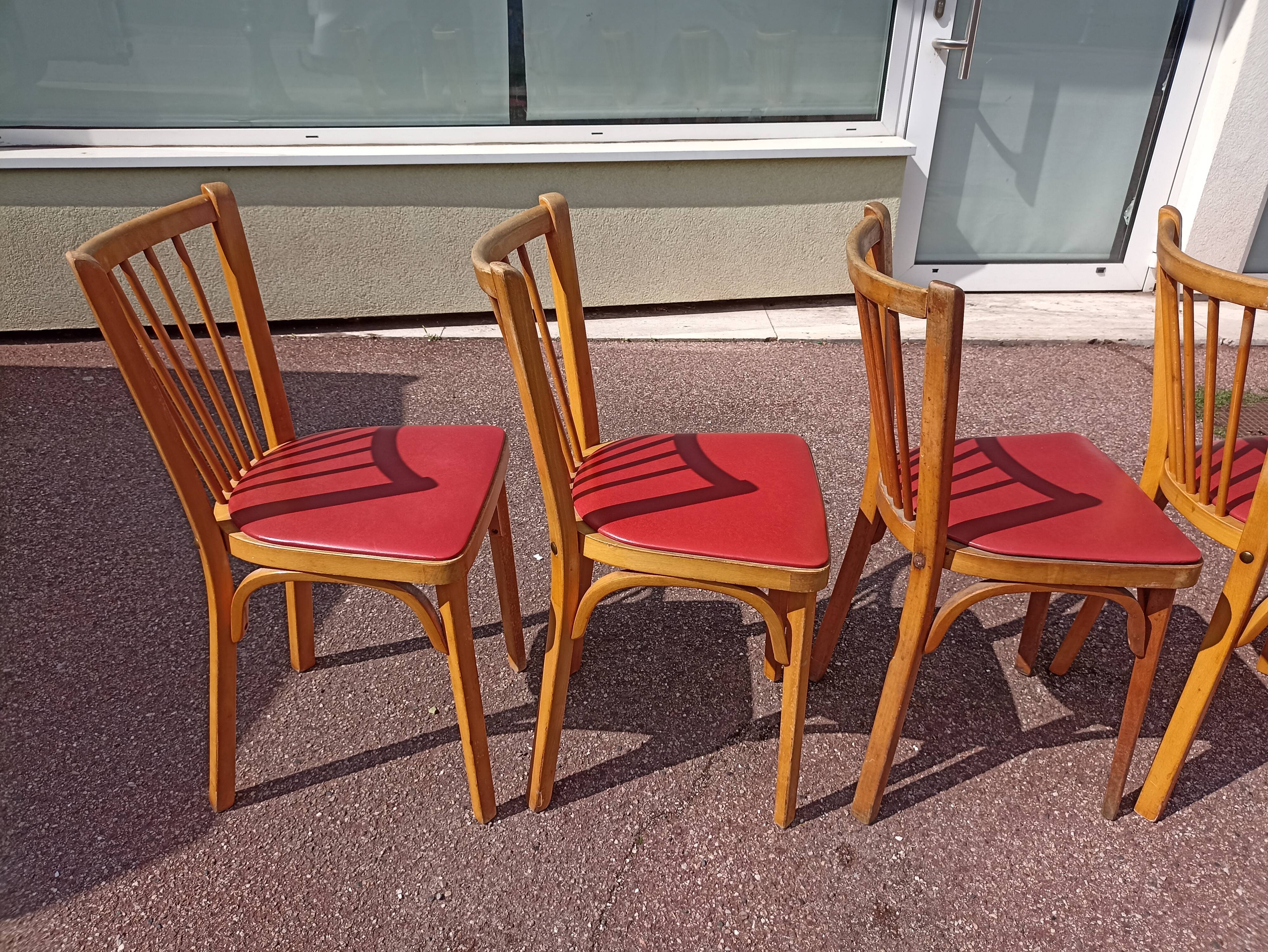 6 baumann bistro chairs wood and skaï red - vintage