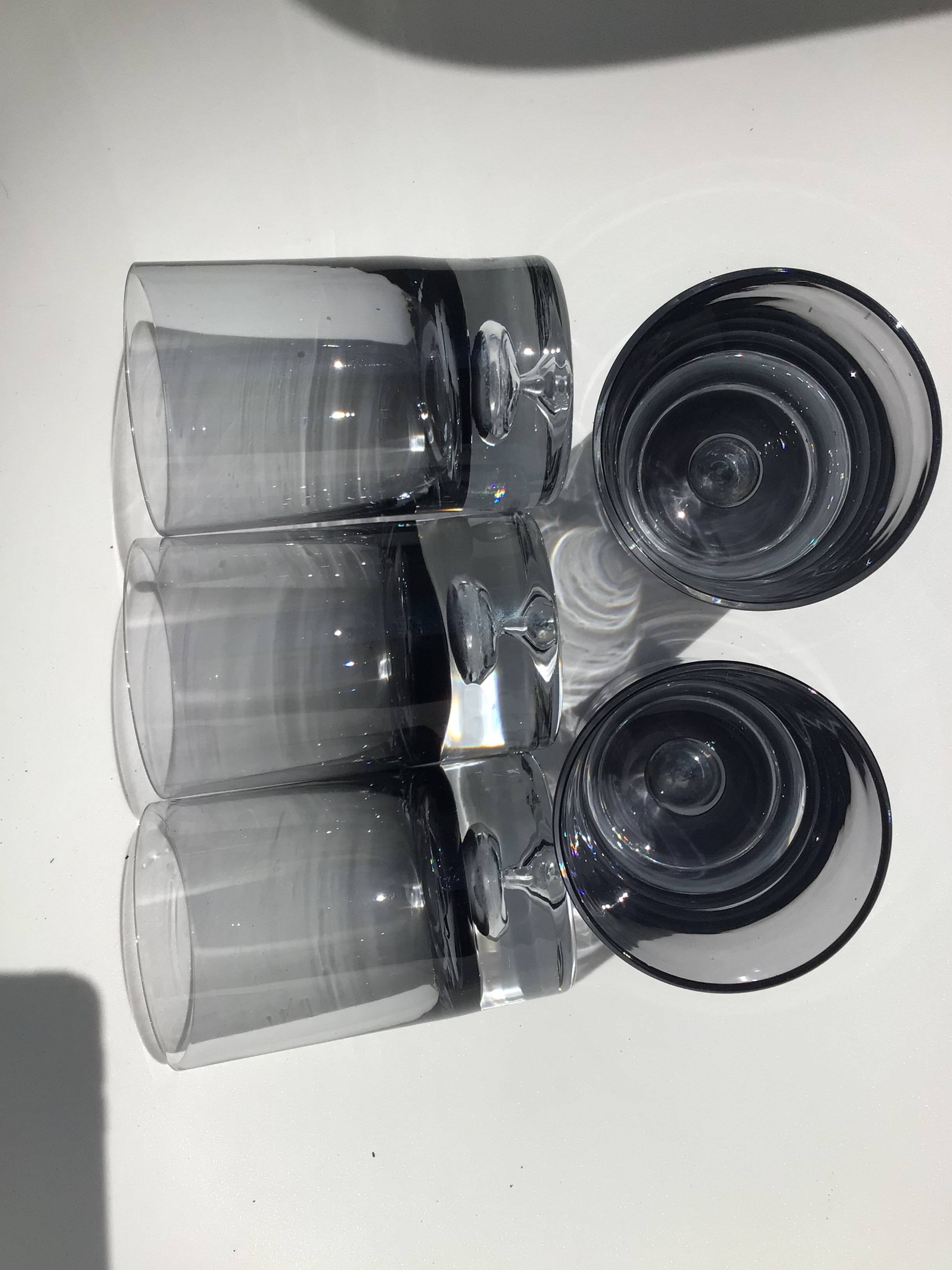 5 70's large bubble black smoked whiskey glasses