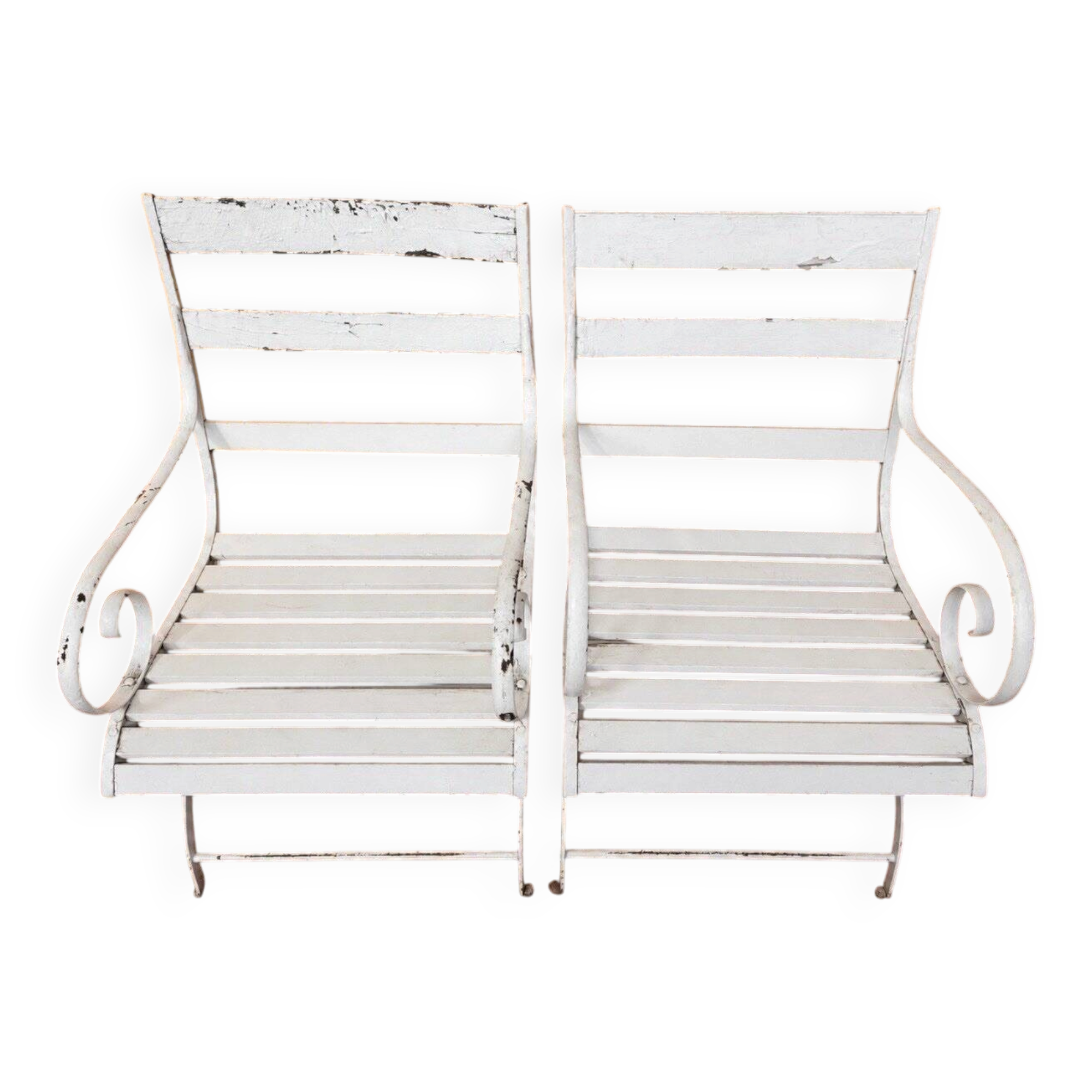 Paire de fauteuils de jardin XIXe, fer forgé & bois, style Restauration