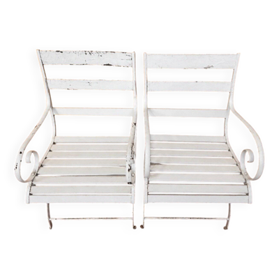 Paire de fauteuils de jardin XIXe, fer forgé & bois, style Restauration