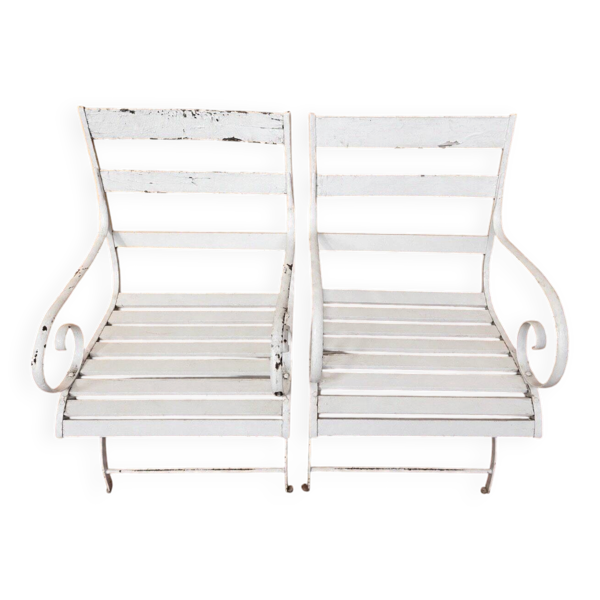 Paire de fauteuils de jardin XIXe, fer forgé & bois, style Restauration